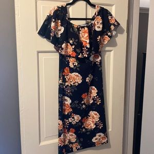 Off shoulder blue floral body con dress